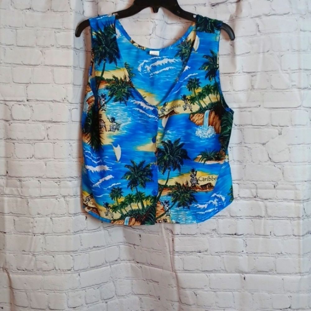 Rima Beach Wear  Carribean Blue  Button Down Sleeveless Top XL